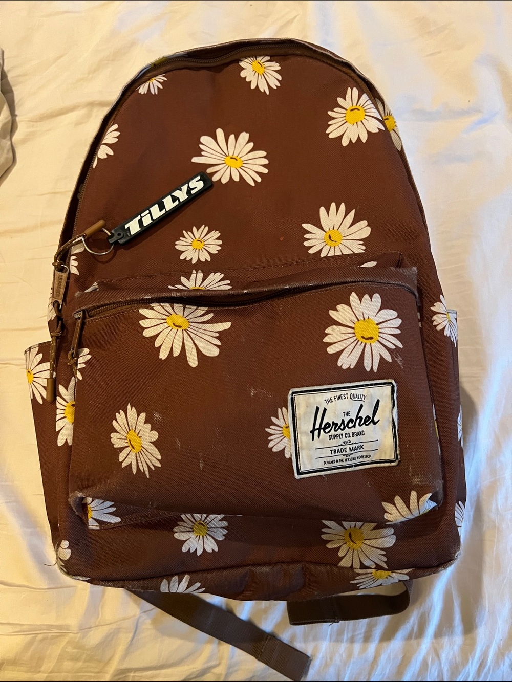 Herschel Supply Co. Brown Backpack with White & Yellow Daisy Print